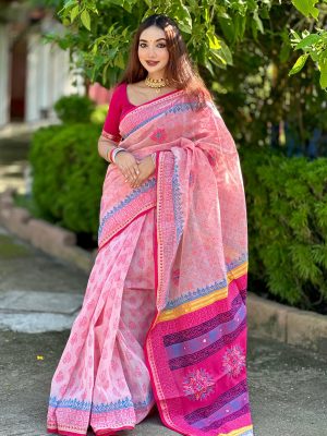 প্রিমিয়াম হাফ সিল্ক স্ক্রিন প্রিন্ট শাড়ি - ফুল বডি এমব্রয়ডারি (কোড ০২)